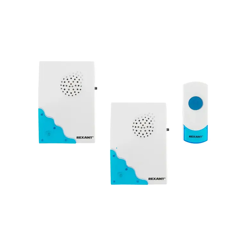 Беспровод. двер. звонок RX-5 с 2 выз. панелями 32 мел. 100м кнопка IP44 (белый/синий) REXANT 73-0050