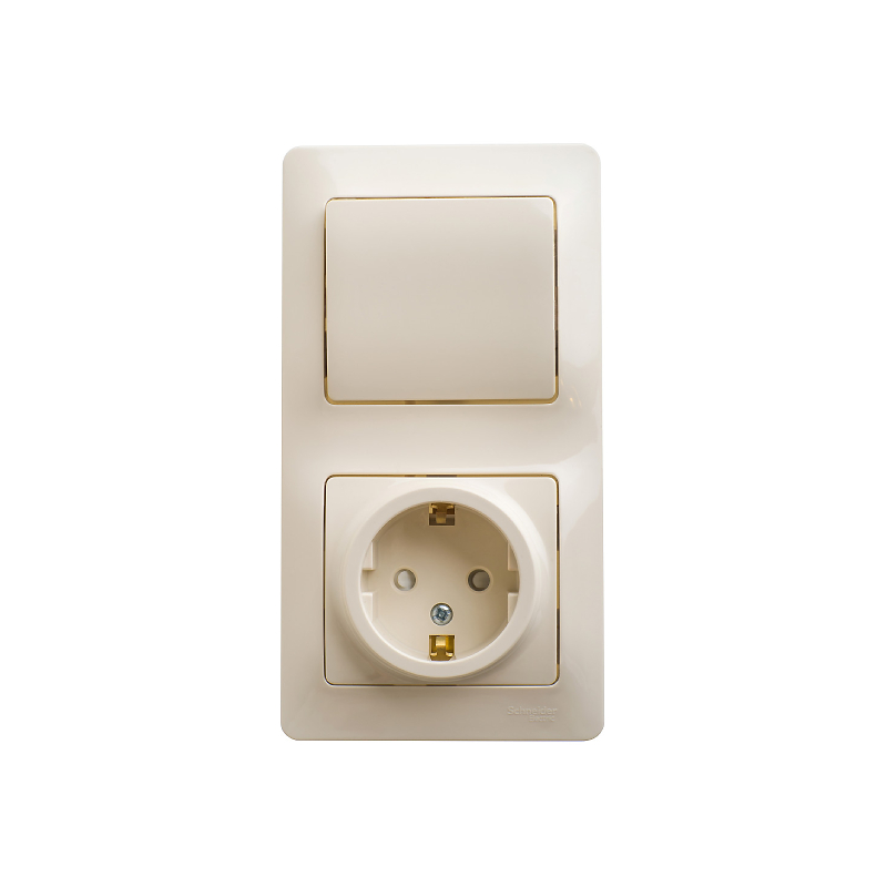 GLOSSA БЛОК: РОЗЕТКА с заземлением со шторками + 1-клавишный ВЫКЛЮЧАТЕЛЬ БЕЖЕВЫЙ