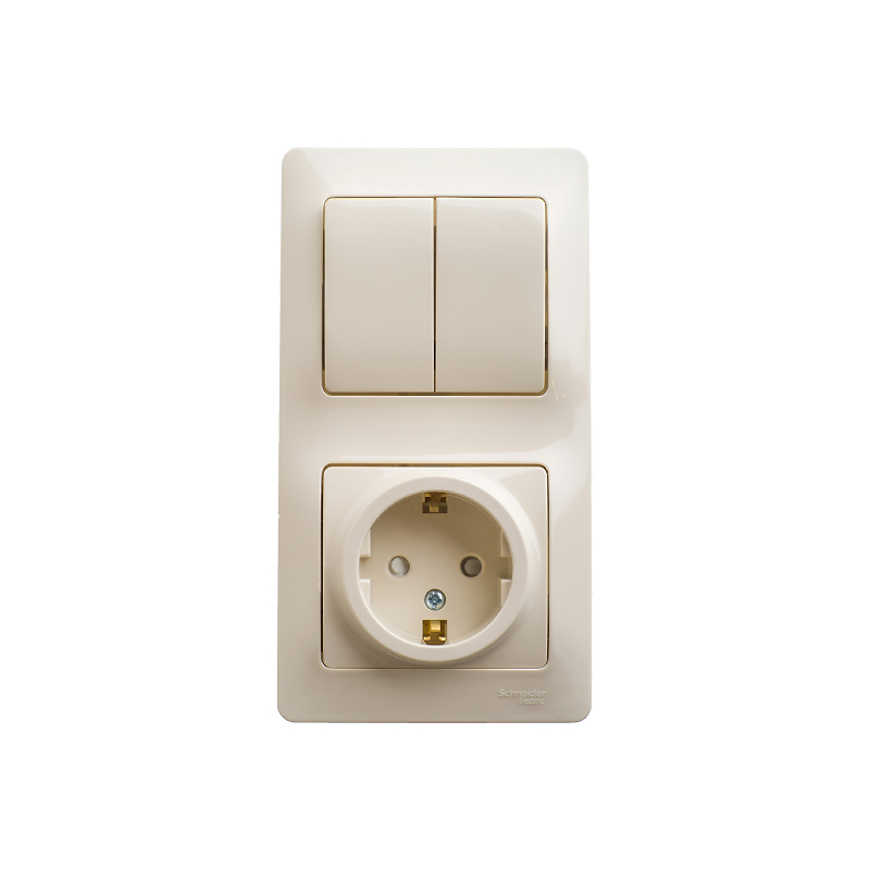 GLOSSA БЛОК: РОЗЕТКА с заземлением со шторками + 2-клавишный ВЫКЛЮЧАТЕЛЬ БЕЖЕВЫЙ