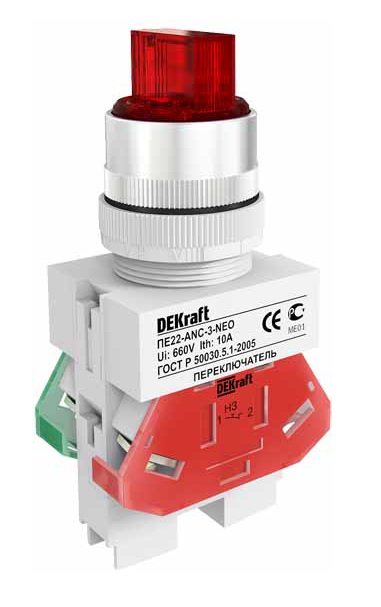 Переключатель ANC-2 ПЕ-22 мм на 2 полож. I-O 1НО+1НЗ красный (10) DEKraft