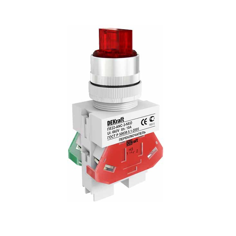 Переключатель ANC-3 ПЕ-22 мм на 3 полож. I-O-II 1НО+1НЗ красный (10) DEKraft