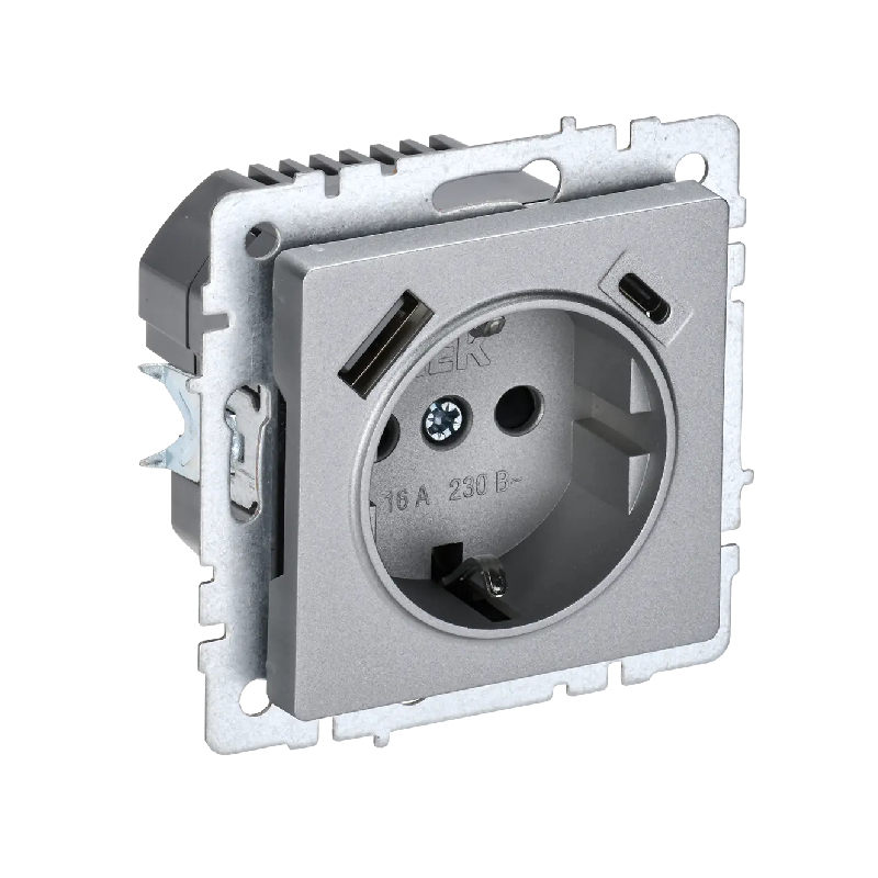 Роз. с з/к с з/ш 16А с USB A+C 18Вт б/рамки "BRITE" алюминий (1/80)