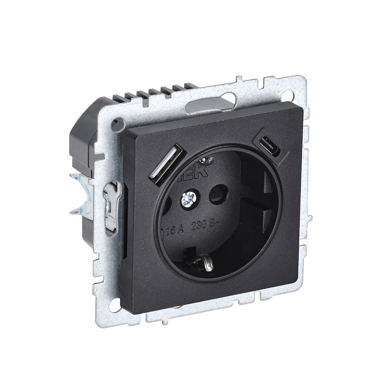 Роз. с з/к с з/ш 16А с USB A+C 18Вт б/рамки "BRITE" черный (1/80)