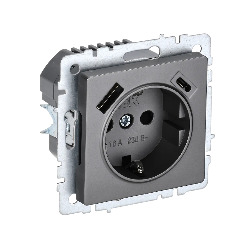 Роз. с з/к с з/ш 16А с USB A+C 18Вт б/рамки "BRITE" сталь (1/80)