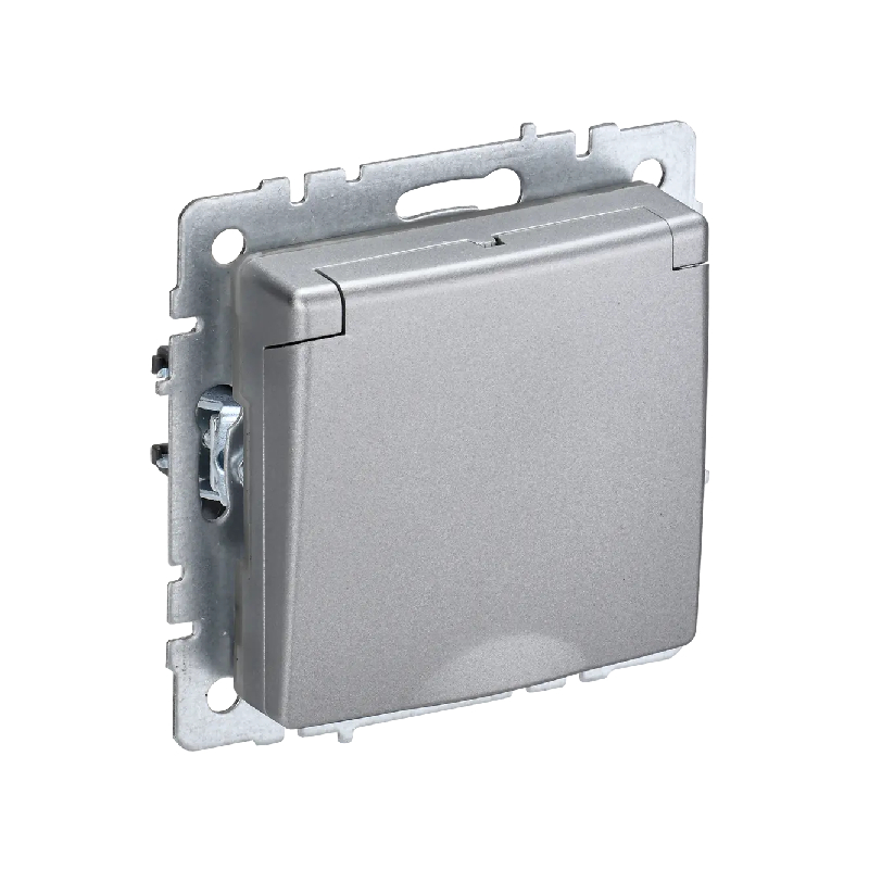 Роз. с з/к с з/ш с кр. 16А IP20 б/рамки "BRITE" алюминий (1/100)