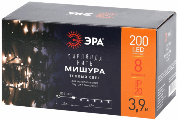 Гирлянда ЭРА LED ENIN-GW Нить Мишура, 3,9м, теплый