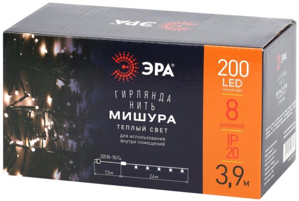 Гирлянда ЭРА LED ENIN-GW Нить Мишура, 3,9м, теплый — изображение 2
