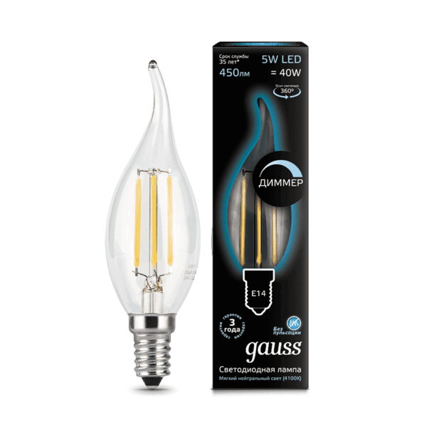 Лампа Gauss LED Filament Candle tailed dimmable 5W E14 4100K 104801205-D