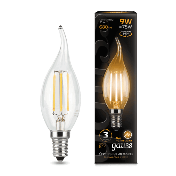 Лампа Gauss LED Filament Свеча на ветру E14 9W 680lm 2700K  104801109