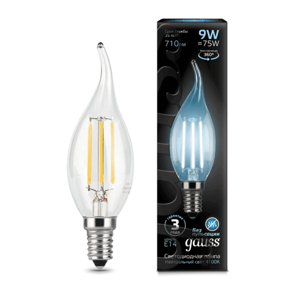 Лампа Gauss LED Filament Свеча на ветру E14 9W 710lm 4100K  104801209
