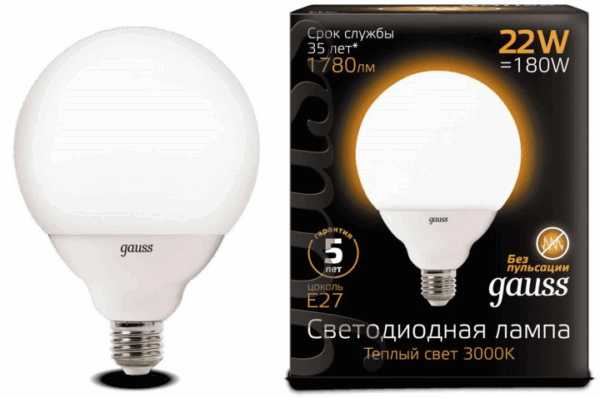 Лампа Gauss LED G125 E27 22W 1780 lm 3000K 105102122
