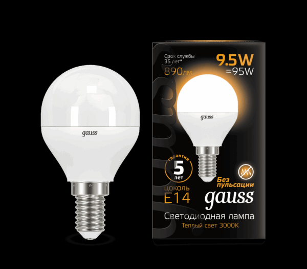 Лампа Gauss Led Шар  9,5W E14 890lm 3000K 105101110