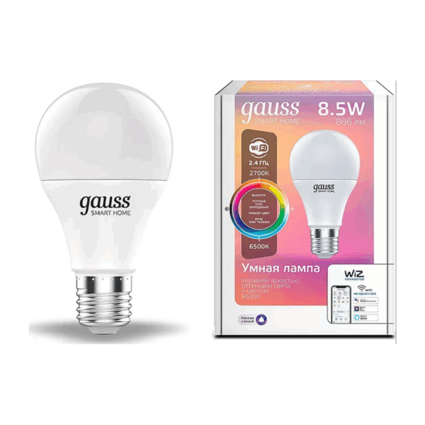 Лампа Gauss LED Smart Home A60 8,5W 2700-6500K E27 RGBW+изм.цвет.темп.+диммирование 1170112
