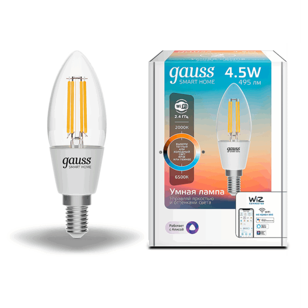 Лампа Gauss LED Smart Home Filament C35 4.5W 2000-6500K E14 изм.цвет+дим 1250112