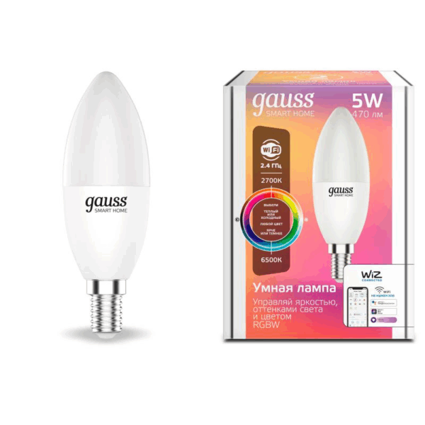 Лампа Gauss LED Smart Home С35 5W 2700-6500K E14 RGBW+изм.цвет.темп.+диммирование 1190112